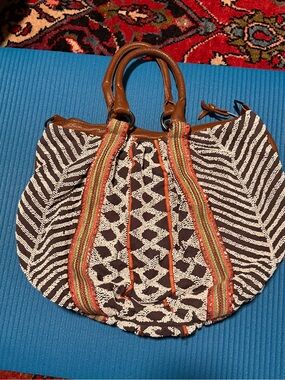 Anthropology Lucky Penny Beaded Boho Hobo Bag in Brown, Cream and Tan